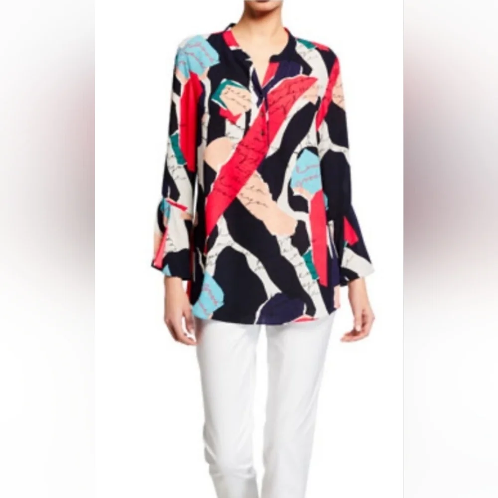 NIC+ZOE Womens Navy Printed Split Wear To Work Blouse Small - Picture 9 of 9